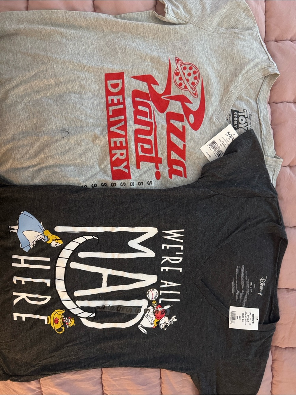 Disney pizza planet and Alice in wonderland T shirts